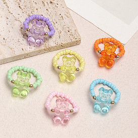 6 Anillos elásticos con cuentas de vidrio, anillos de resina de oso