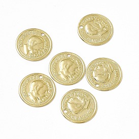Rack Plating Brass French Coins Charms, Long-Lasting Plated, Cadmium Free & Nickel Free & Lead Free, Flat Round with Human Charm