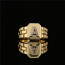 Adjustable 18K Gold-Plated Copper Alphabet Ring with AAA Cubic Zirconia - Statement Design
