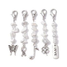 Synthetic White Howlite Pendant Decorations, with Lobster Claw Clasps, Butterfly & Autism Symbol & Music & Clover