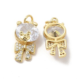 Rack Plating Brass Cubic Zirconia Pendants, with Jump Ring, Cadmium Free & Lead Free, Real 18K Gold Plated, Long-Lasting Plated, Mechanical Charm, Bear with Bowknot Charm