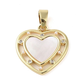 BBrass Micro Pave Clear Cubic Zirconia Pendants, with ABS Imitation Pearl, Heart