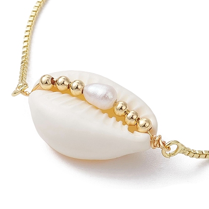 Natural Shell & Pearl Links Slider Bracelet, Golden Brass Box Chains Adjustable Bracelet for Women
