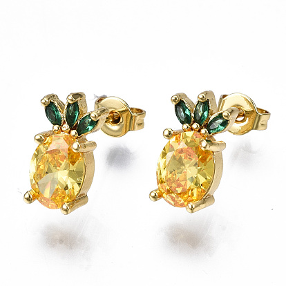 Brass Micro Pave Cubic Zirconia Stud Earrings, with Earring Backs, Nickel Free, Pineapple, Real 16K Gold Plated