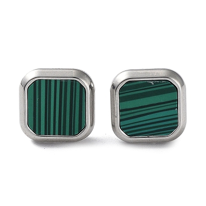 6 Pair 2 Color Square Synthetic Malachite Stud Earrings, 304 Stainless Steel Earrings