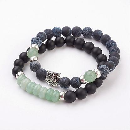 Edelstein-Stretch-Armbänder, mit legierten Eulen Perlen, Sackleinenverpackung