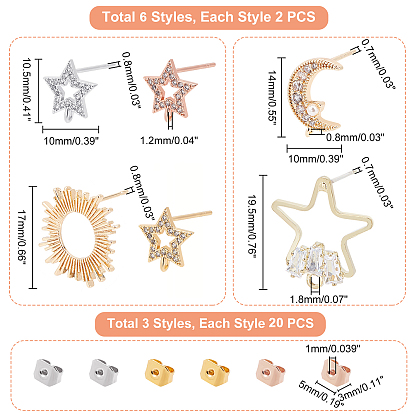 Nbeads 14Pcs 6 Style Brass Micro Pave Clear Cubic Zirconia Stud Earring Findings, with Loop, with 60Pcs Iron & Brass & 304 Stainless Steel Ear Nuts, Star & Moon & Sun