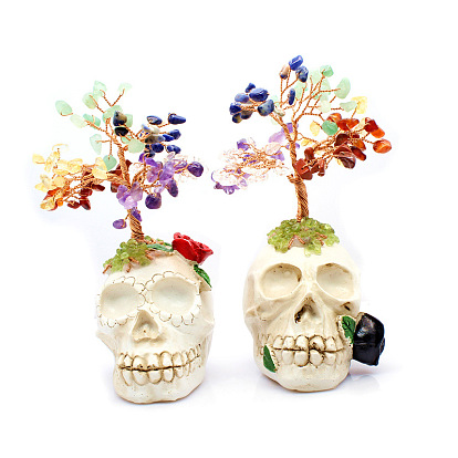 Украшения для елки из натуральных смешанных драгоценных камней, светодиодный держатель в форме черепа с медной проволокой, подарок из энергетического камня по фен-шуй