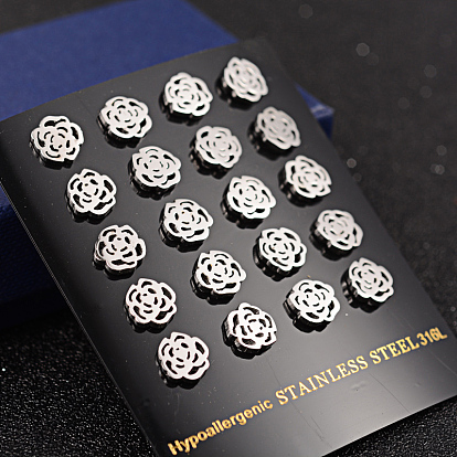 Rose Flower 304 Stainless Steel Stud Earrings, Hypoallergenic Earrings, 8x1.5mm, Pin: 0.8mm