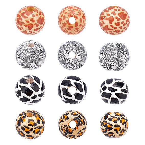 40Pcs 4 Style Printed Natural Wooden Beads, Round with Mixed Print Pattern