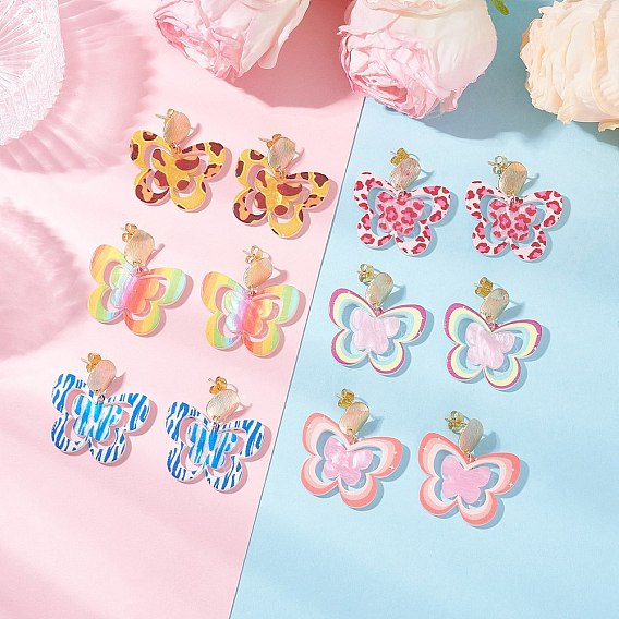 Серьги-гвоздики с подвесками из акрила и бабочки с латунным принтом, с железными ушными гайками, золотые