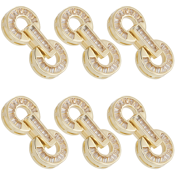6 комплекты латунных застежек с прозрачными кубическими цирконами и паве, плоско-круглые