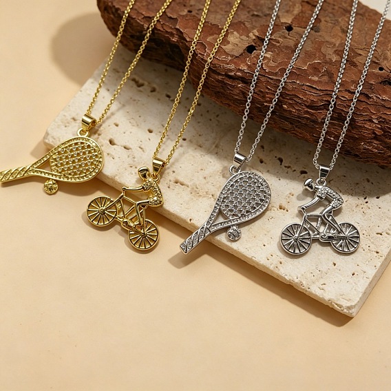 Colliers pendentifs en laiton sertis de micro-pavés de zirconiums cubiques transparents sur le thème du sport