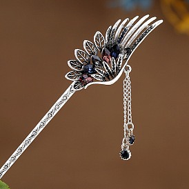Handmade Silver Feather Hairpin with Glass Crystal and Tassel Decoration