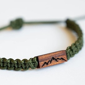 Wooden Rectangle with Mountain Adjustable Braided Polyester Cord Bracelets for Women Men