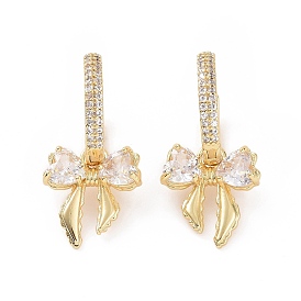 Clear Cubic Zirconia Bowknot Dangle Hoop Earrings, Brass Jewelry for Women