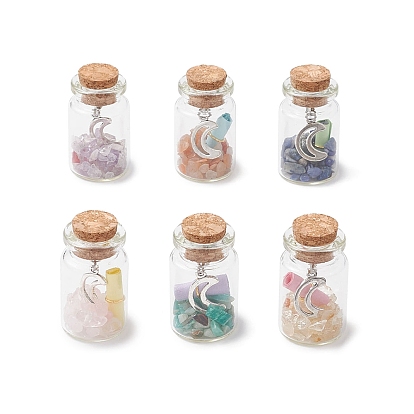 6шт. стеклянная бутылка желаний дисплей украшения, с натуральным лазуритом/аметистом/сердоликом/цитрином/розовым кварцем/амазонитом и подвесками в виде луны из сплава внутри статуэток для украшения домашнего офиса