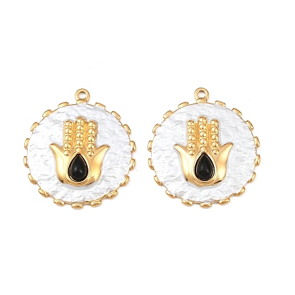 Подвески на руку из натурального черного оникса (окрашенного и нагретого) в форме хамсы, 304 плоские круглые подвески из нержавеющей стали с эмалью и драгоценными камнями, реальный 18 k позолоченный, вакуумное покрытие pvd
