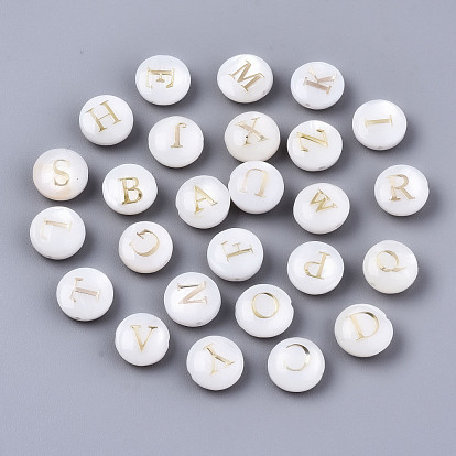 Natural Freshwater Shell Beads, with Golden Plated Brass Etched Metal Embellishments, Horizontal Hole, Flat Round with Letter, Alphabet, Seashell Color