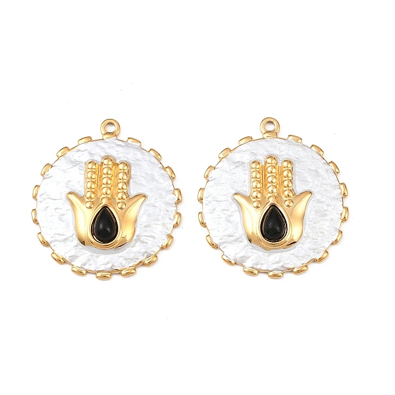 Подвески на руку из натурального черного оникса (окрашенного и нагретого) в форме хамсы, 304 плоские круглые подвески из нержавеющей стали с эмалью и драгоценными камнями, реальный 18 k позолоченный, вакуумное покрытие pvd