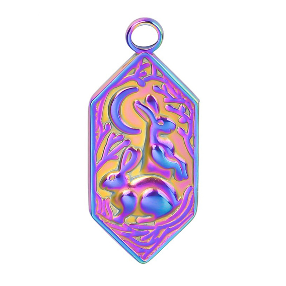 201 Stainless Steel Pendants, Hexagon with Moon & Rabbit Charms
