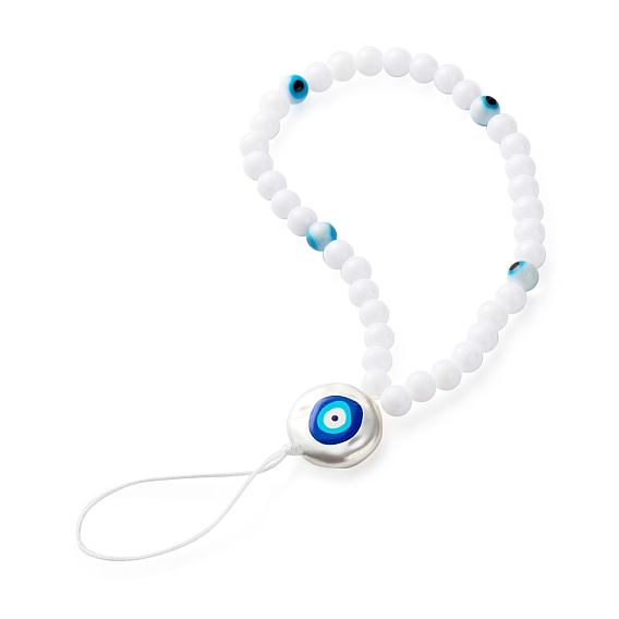 Plastic Beads Mobile Straps, with 3D Printed ABS Plastic Imitation Pearl Beads and Evil Eye Lampwork Round Beads & Nylon Thread