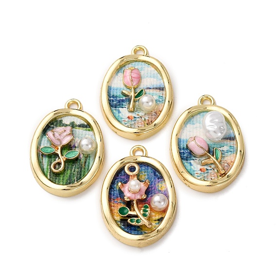 Печатные эмали подвески сплава, овальные цветочные подвески, с ABS имитации жемчуга, стойки покрытие, золотой свет