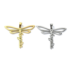 304 Stainless Steel Pendants, Dragonfly with Word Angella Charm