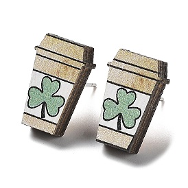 Printing Wood Stud Earrings for Women, with 316 Stainless Steel Pins, Coffee Cup with Clover Pattern