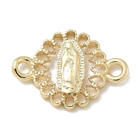 Rack Plating Brass Flat Round Connector Charms, Religion Virgin Mary Links, Long-Lasting Plated, Lead Free & Cadmium Free