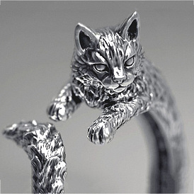 Plated s925 retro Thai silver black cat ring pet kitten living mouth ring female