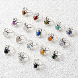 Natural Gemstone Spider Open Cuff Rings, Gunmetal Tone Metal Finger Rings for Unisex