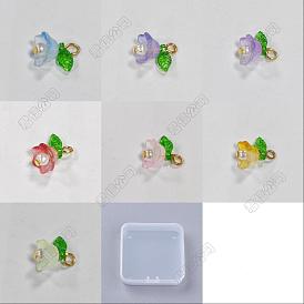 42Pcs 7 Colors Transparent Spray Painted Glass Pendants, with Acrylic Leaf and Golden Iron Loops, Flower Charms