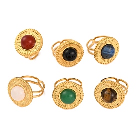 Flat Round Natural Gemstone Finger Rings, Golden Tone 304 Stainless Steel Cuff Rings for Women