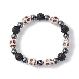 Halloween Skull Synthetic Turquoise & Round Lava Rock & Synthetic Non-Magnetic Hematite Beaded Stretch Bracelets for Women