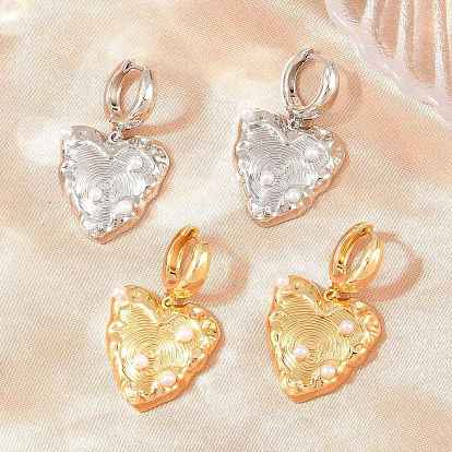 Brass Dangle Hoop Earrings, Heart, with ABS Plastic Imitation Pearl, Lead Free & Cadmium Free, Long-Lasting Plated, Rack Plating