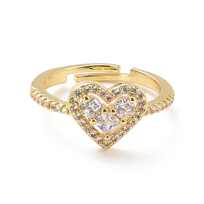 Heart Cubic Zirconia Adjustable Finger Ring for Valentine's Day, Real 18K Gold Plated Brass Ring, Cadmium Free & Lead Free