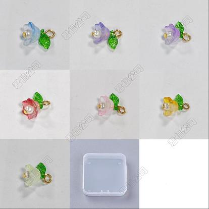 42Pcs 7 Colors Transparent Spray Painted Glass Pendants, with Acrylic Leaf and Golden Iron Loops, Flower Charms