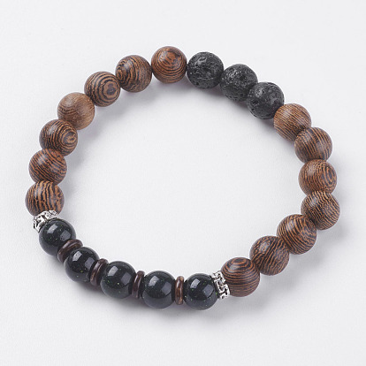 Natural Lava Rock & Coconut Stretch Bracelets, with Gemstone and Alloy Findings