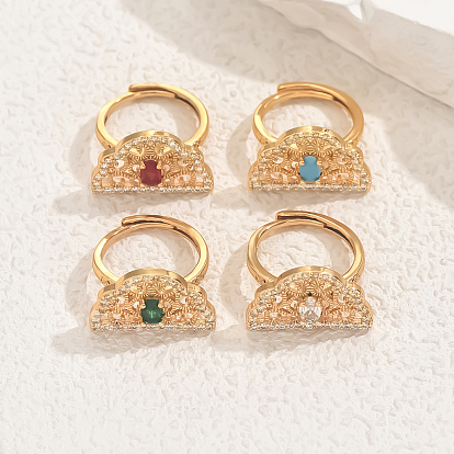 Полые геометрические латунные микропаве регулируемые кольца для женщин, полукруглый, золотые