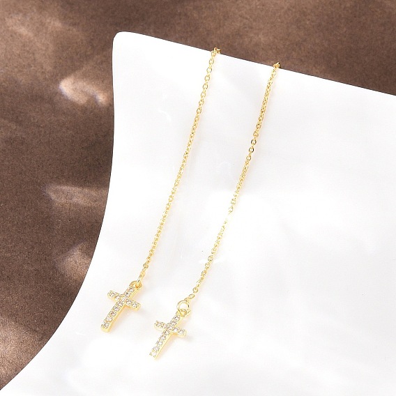 Латунный крест с микропаве и прозрачными кубическими циркониями, нить для ушной серьги, стойки покрытие, долговечный, без свинца и без кадмия
