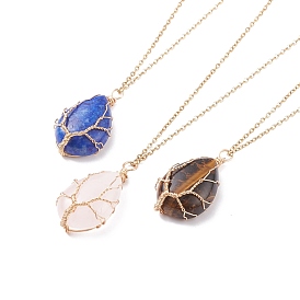 Natural Gemstone Teardrop with Tree Pendant Necklaces, Copper Wire Wrap Jewelry for Women