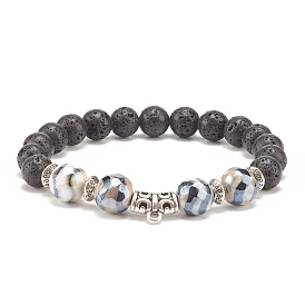 Natural Lava Rock & Tibetan Agate Stretch Bracelet with Alloy Tube Beaded, Essential Oil Gemstone Jewelry for Women