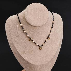 304 кулон ожерелья из нержавеющей стали с сердцем, ожерелья из натурального жемчуга и стеклянных бусин, ионное покрытие (ip), чёрные