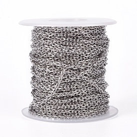 304 Stainless Steel Cable Chains, Diamond Cut Chains, Unwelded, Faceted, with Spool, Oval