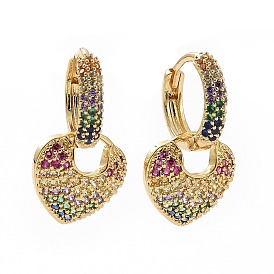 Colorful Cubic Zirconia Heart Padlock Dangle Hoop Earrings, Brass Jewelry for Women