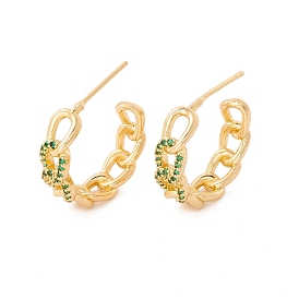 Green Cubic Zirconia Curb Chain Stud Earrings, Brass Half Hoop Earrings for Women, Lead Free & Cadmium Free