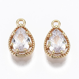 Brass Micro Cubic Zirconia Charms, Nickel Free, Real 18K Gold Plated, Teardrop