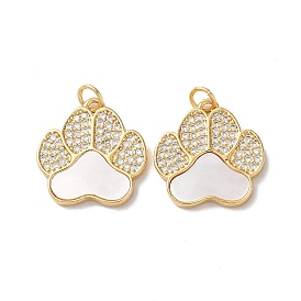 Brass Micro Pave Cubic Zirconia Pendants, with Shell, Real 18K Gold Plated, Cat-pad