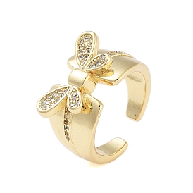 Rack Plating Butterfly Brass Micro Pave Cubic Zirconia Wide Open Cuff Rings for Women, Cadmium Free & Lead Free, Long-Lasting Plated